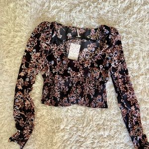 Free People Lightweight black fabric with a brown and blue floral design 2copy)